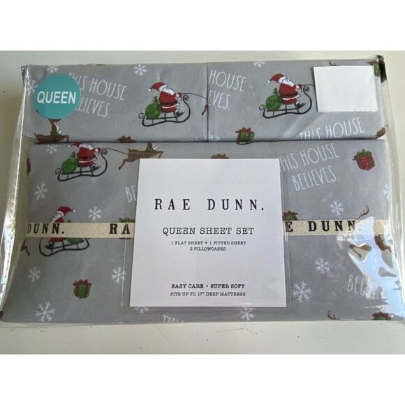 Rae Dunn Christmas Santa Claus Sleigh Reindeer QUEEN SIZE Soft Sheet Set Grey - Picture 1 of 16